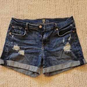 7 For All Mankind Distressed Dark Blue Jean Shorts